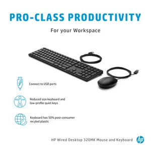 HP laidinė stalinio kompiuterio pelė ir klaviatūra 320MK, pilno dydžio (100 %), USB, juoda, pelė pridedama