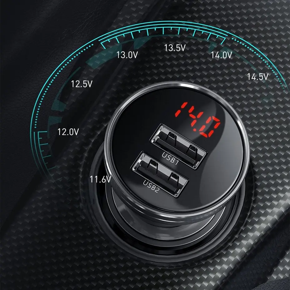 Baseus Digital Display Dual USB 4.8A Car Charger 24W Grey