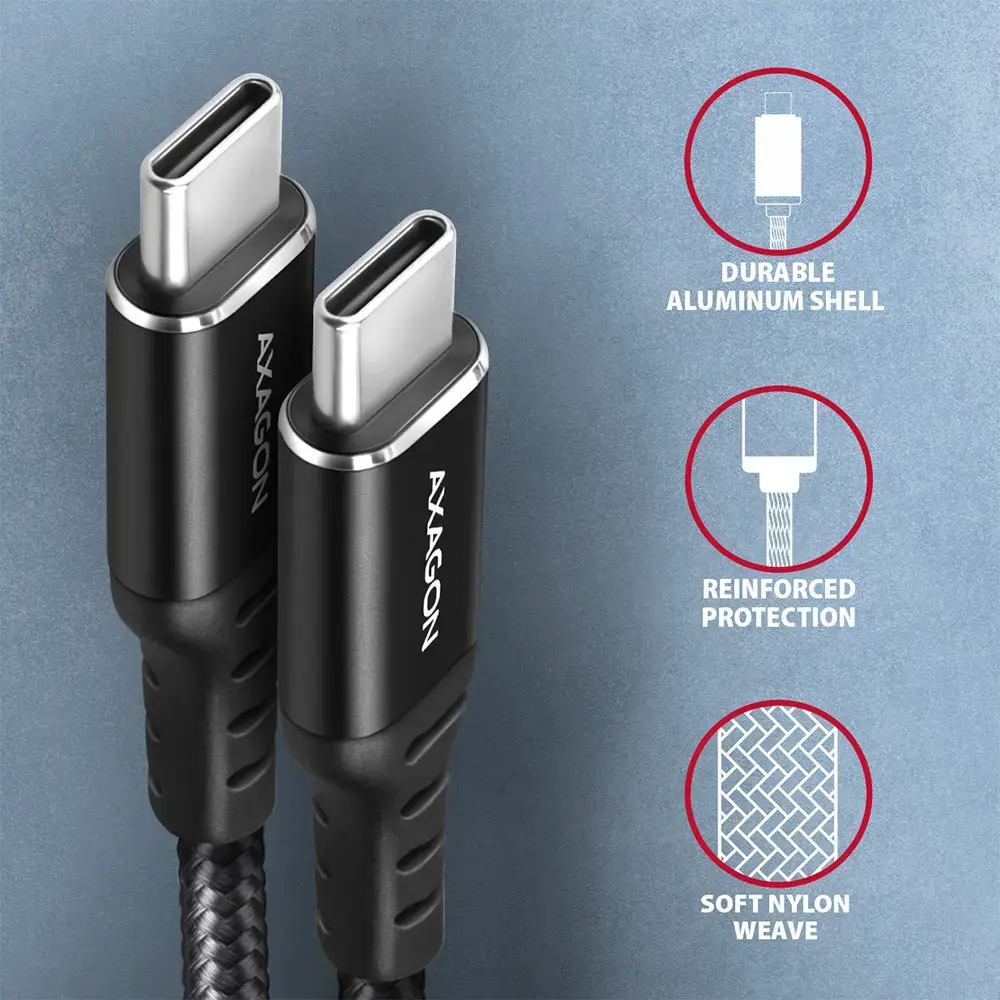 Axagon Duomenų perdavimo ir įkrovimo USB 2.0 kabelis, ilgis 3 m. 3A. PD 60W, 3A. Juodas pintas.