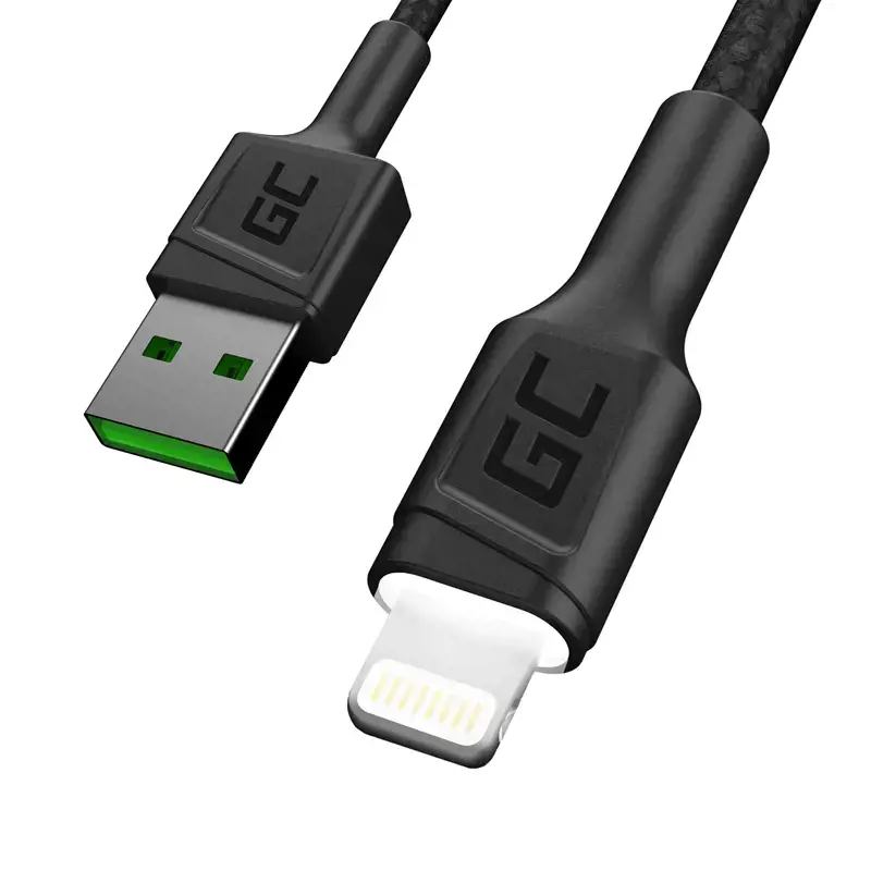 GREENCELL KABGC05 Žalias kabelis "Green Cell Ray" USB-A - "Lightning" su baltu LED 120 cm su "Apple" palaikymu