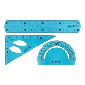 Lanksčių liniuočių rinkinys Linex su 20 cm liniuote, matlankiu ir trikampę liniuote, mėlynas