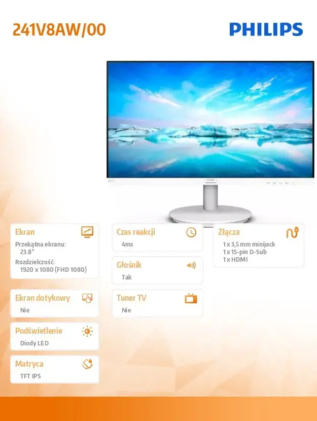Philips V Line 241V8AW/00, 23.8", Full HD, IPS, 4 ms, 75 Hz, White, 60.5 cm (23.8"), 1920 x 1080 pixels, Full HD, LCD, 4 ms, White