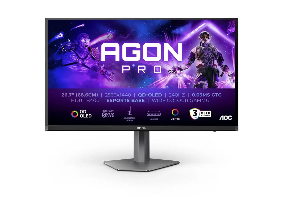 AOC | AG276QZD2 | 26.7 " | OLED | QHD | 16:9 | 240 Hz | 0.03 ms | 2560 x 1440 pixels | 250 cd/m² | HDMI ports quantity 2