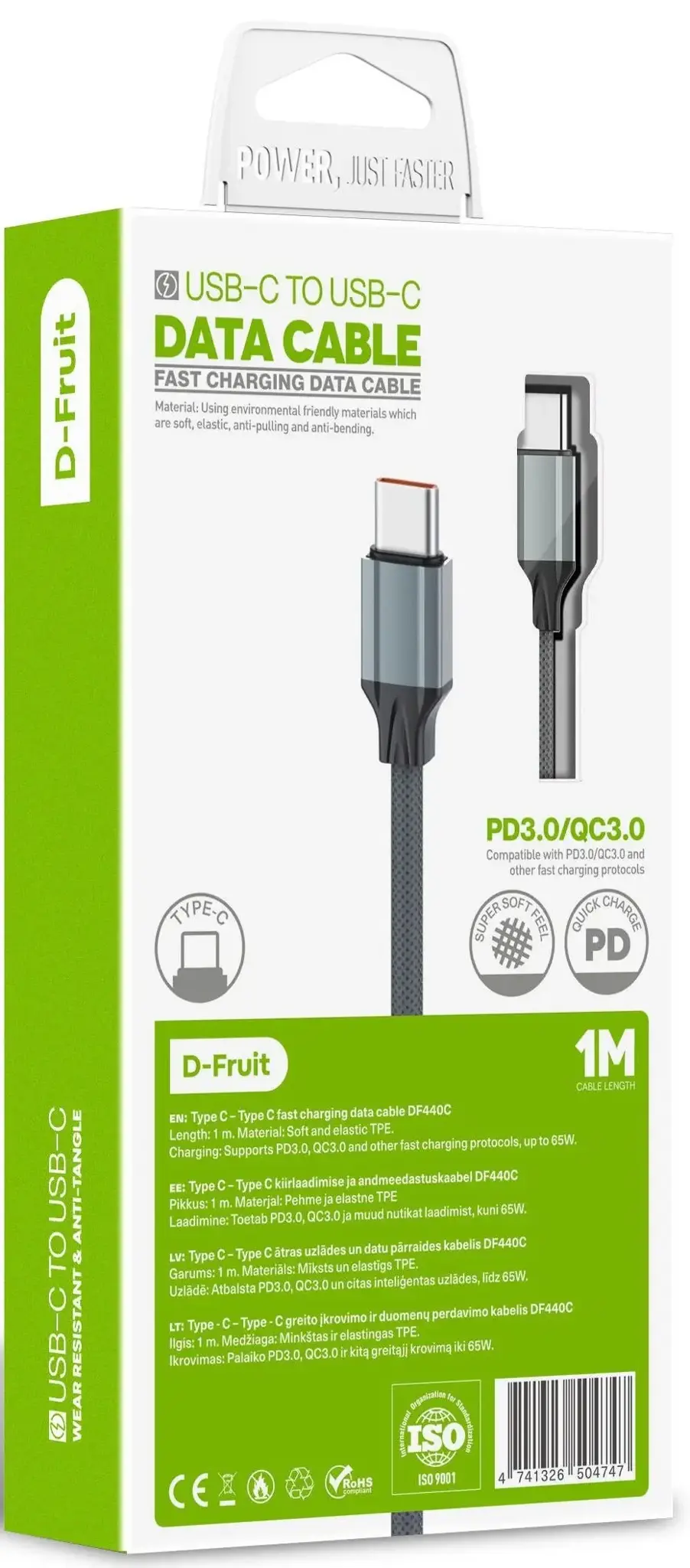 "D-Fruit" kabelis USB - C-USB-C 1 m, pilkos spalvos (DF440C)