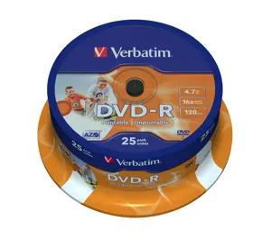 Verbatim 43538, DVD-R, 120 mm, Printable, Spindle, 25 pc(s), 4.7 GB
