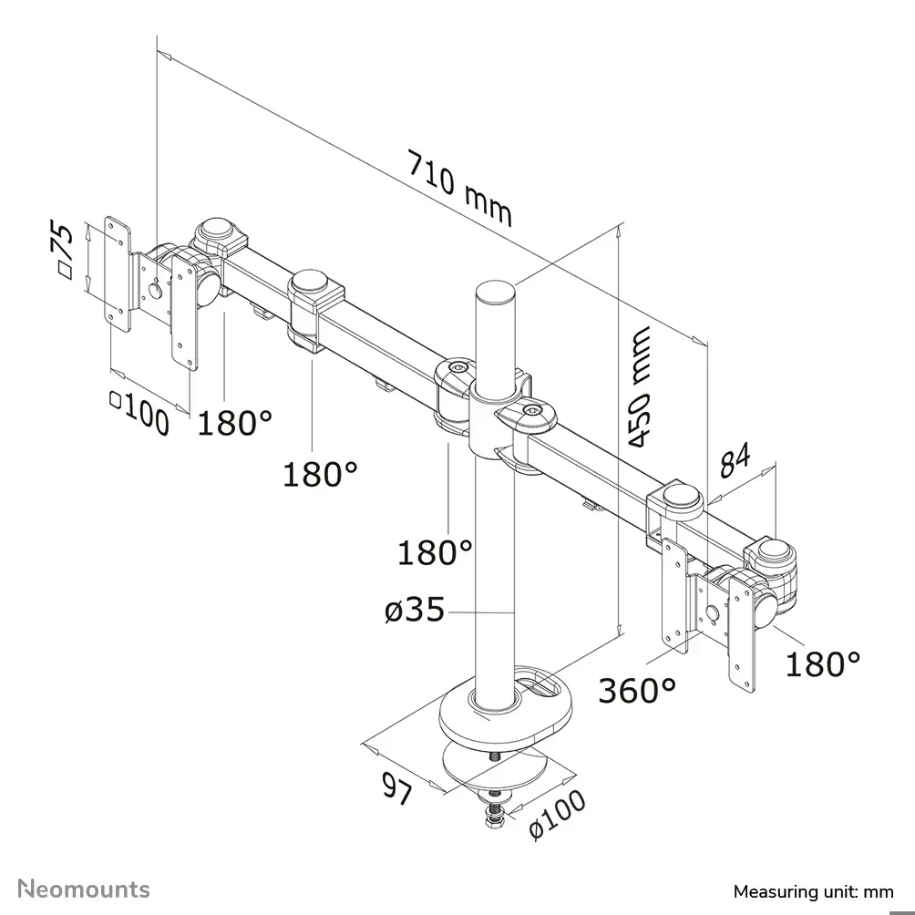 "Neomounts by Newstar" monitoriaus laikiklis ant stalo, 8 kg, 25,4 cm (10"), 68,6 cm (27"), 100 x 100 mm, aukščio reguliavimas, juodas