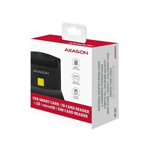 "Axagon" stacionarus stendinis skaitytuvas Išmaniųjų kortelių / tapatybės kortelių skaitytuvas AXAGON CRE-SM2 su USB 2.0 sąsaja turi SD, microSD ir SIM kortelių lizdus.
