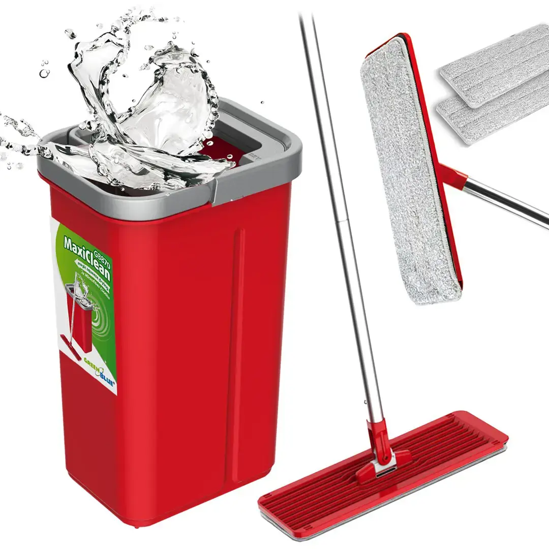 Plokščia šluostė + kibiras + teleskopinis strypas + 2 x mikropluošto padas 5,7 l grindų valymo rinkinys XXL su besisukančia galvute