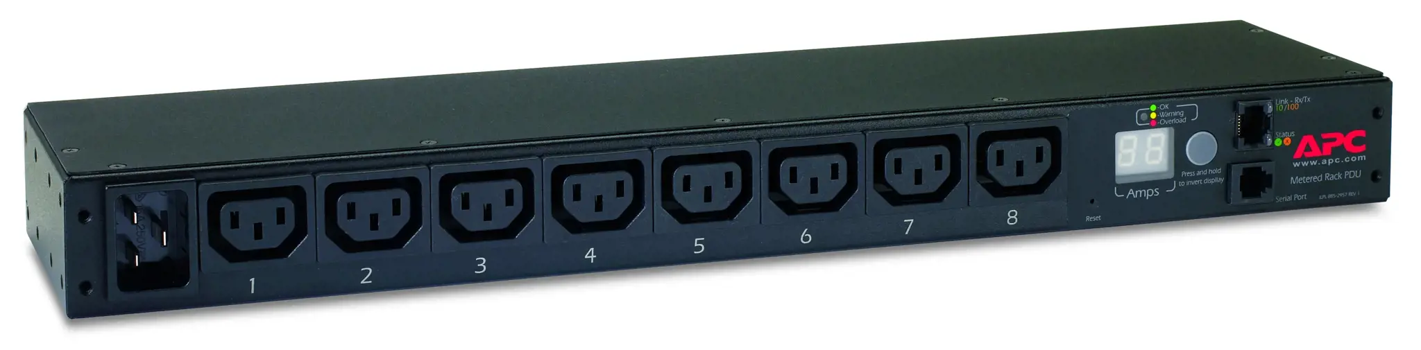 APC stovo PDU matuojamas 1U 16A 208/230V 8 C13 įvesties jungtys IEC-320 C20