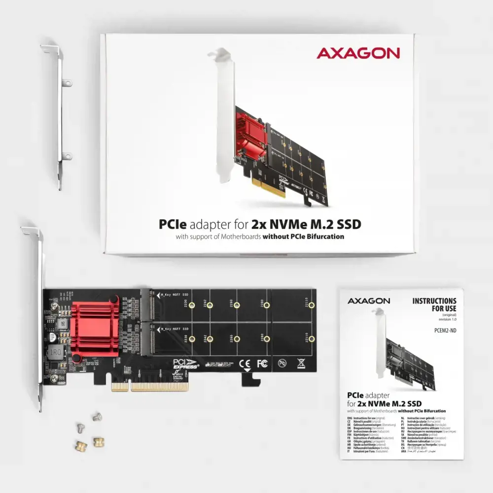 "Axagon PCEM2-ND PCIE 2X NVME M.2 KONTROLERISPCI-Express x8 vidinis valdiklis, skirtas dviem NVMe M.2 SSD diskams prijungti prie kompiuterio. Palaiko pagrindines plokštes be PCIe padalijimo.