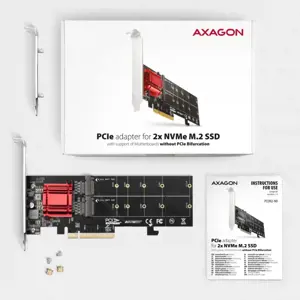 "Axagon PCEM2-ND PCIE 2X NVME M.2 KONTROLERISPCI-Express x8 vidinis valdiklis, skirtas dviem NVMe M.2 SSD diskams prijungti prie kompiuterio. Palaiko pagrindines plokštes be PCIe padalijimo.