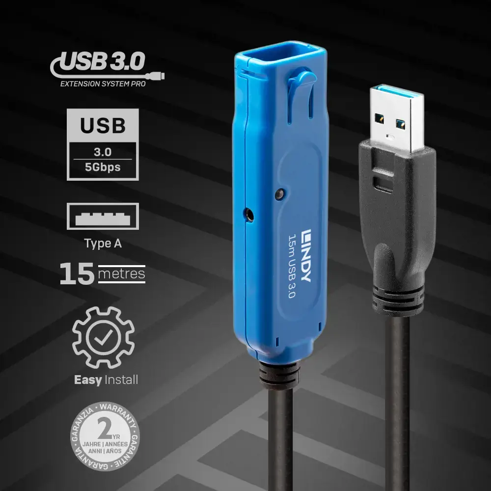 "Lindy" 15 m USB 3.0 aktyvusis ilgintuvas, 15 m, USB A, USB A, USB 3.2 Gen 1 (3.1 Gen 1), 5000 Mbps, juodas