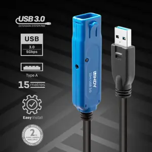 "Lindy" 15 m USB 3.0 aktyvusis ilgintuvas, 15 m, USB A, USB A, USB 3.2 Gen 1 (3.1 Gen 1), 5000 Mbps, juodas