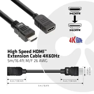CLUB3D High Speed HDMI™ Extension Cable 4K60Hz M/F 5m/16.4ft 26 AWG, 5 m, HDMI Type A (Standard), HDMI Type A (Standard), 3D, 18 Gbit/s, Black
