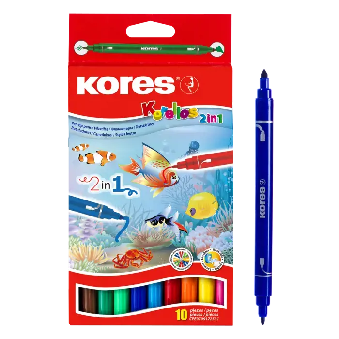Flomasteriai dvipusiai KORES KORELLO 2 in 1, 10 vnt., dvipusiai