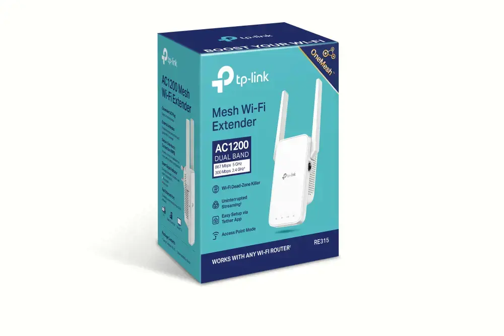 "TP-Link AC1200 Mesh Wi-Fi Range Extender", tinklo kartotuvas, 867 Mbps, 10 100 Mbps, išorinis, 10/100Base-T(X), IEEE 802.11a, IEEE 802.11ac, IEEE 802.11b, IEEE 802.11g, IEEE 802.11n