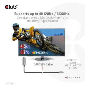CLUB3D USB Gen2 Type-C to HDMI 4K120Hz 8K60Hz HDR10 with DSC1.2 Active Cable M/M 3m / 9.84ft, USB Gen2 Type-C, HDMI Type A (Standard), 3 m, Black