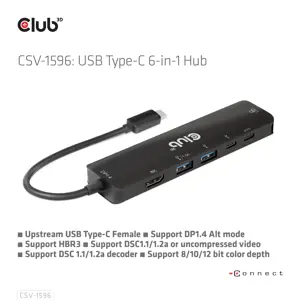 CLUB3D USB Gen1 Type-C, 6-in-1 Hub with HDMI 8K30Hz, 2xUSB Type-A, RJ45 and 2xUSB Type-C, Data and PD charging 100 watt, USB 3.2 Gen 1 (3.1 Gen 1) Type-C, HDMI, RJ-45, USB 3.2 Gen 1 (3.1 Gen 1) Type-A, USB 3.2 Gen 1 (3.1 Gen 1) Type-C, 5000 Mbit/s, 120 Hz, 7680 x 4320 pixels, Black