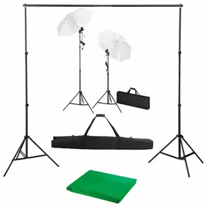 Fotostudijos komplektas su fonu, šviestuvais ir skėčiais