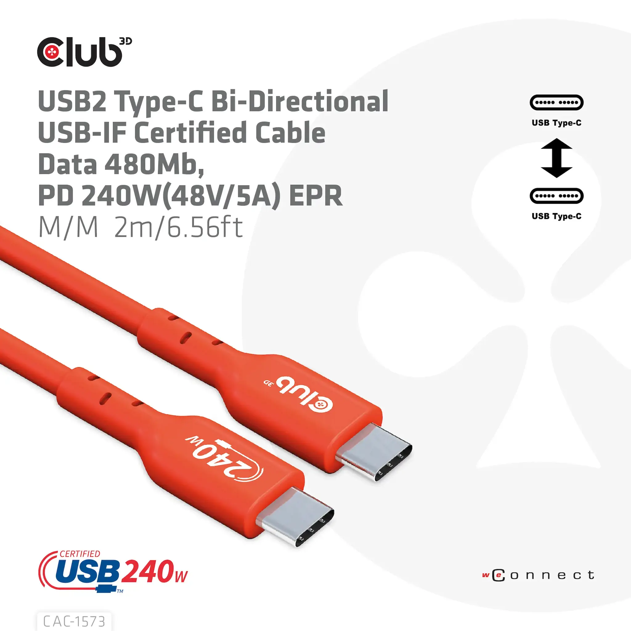 CLUB3D USB2 Type-C Bi-Directional Cable, Data 480Mb,PD 240W(48V/5A) EPR M/M 2m, 2 m, USB C, USB C, USB4 Gen 2x2, Red