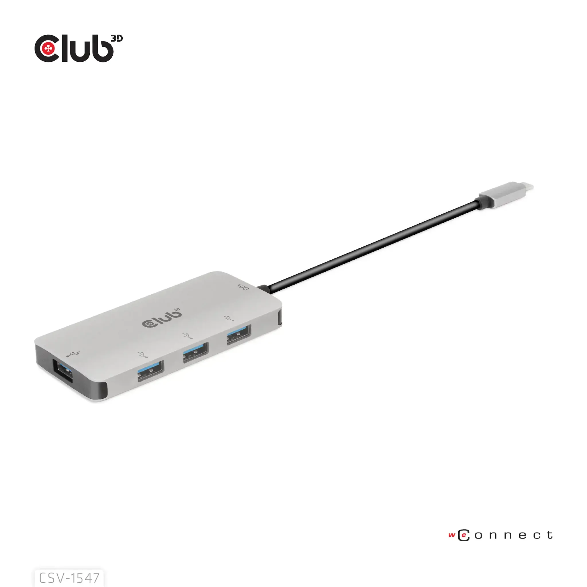 CLUB3D USB Gen2 Type-C to 10Gbps 4x USB Type-A Hub, USB 3.2 Gen 2 (3.1 Gen 2) Type-C, USB 3.2 Gen 2 (3.1 Gen 2) Type-A, 10000 Mbit/s, Black, Silver, Round cable, 0.262 m