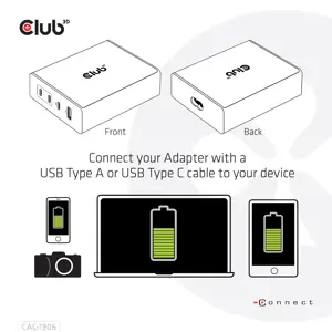 CLUB3D Travel Charger 132W GAN technology, Four port USB Type-A and -C, Power Delivery(PD) 3.0 Support, Indoor, DC, Black