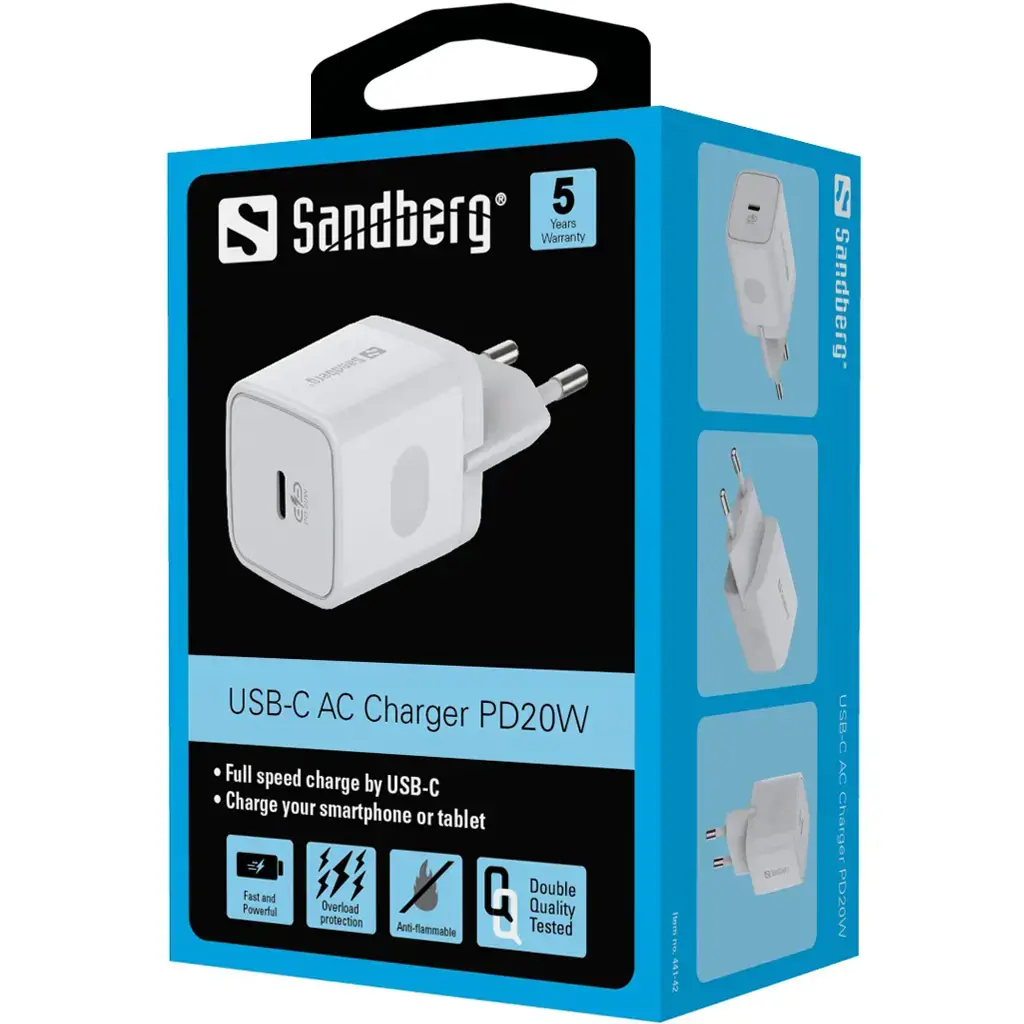 "Sandberg" USB-C kintamosios srovės įkroviklis PD20W, vidinis, kintamosios srovės, 5 V, 3 A, baltas