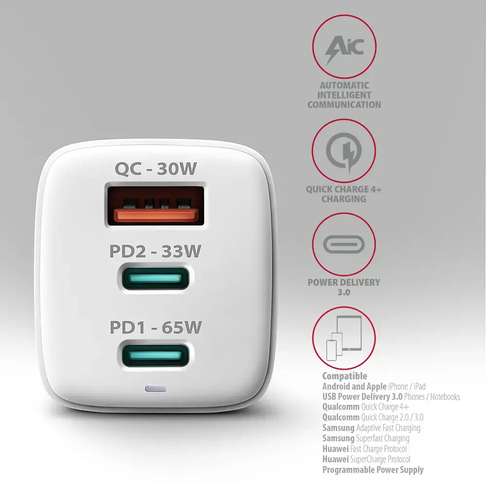 AXAGON ACU-DPQ65W GaN Wall charger, 3x port (USB + dual USB-C), PD3.0/QC4+/PPS/Apple, 65W, white