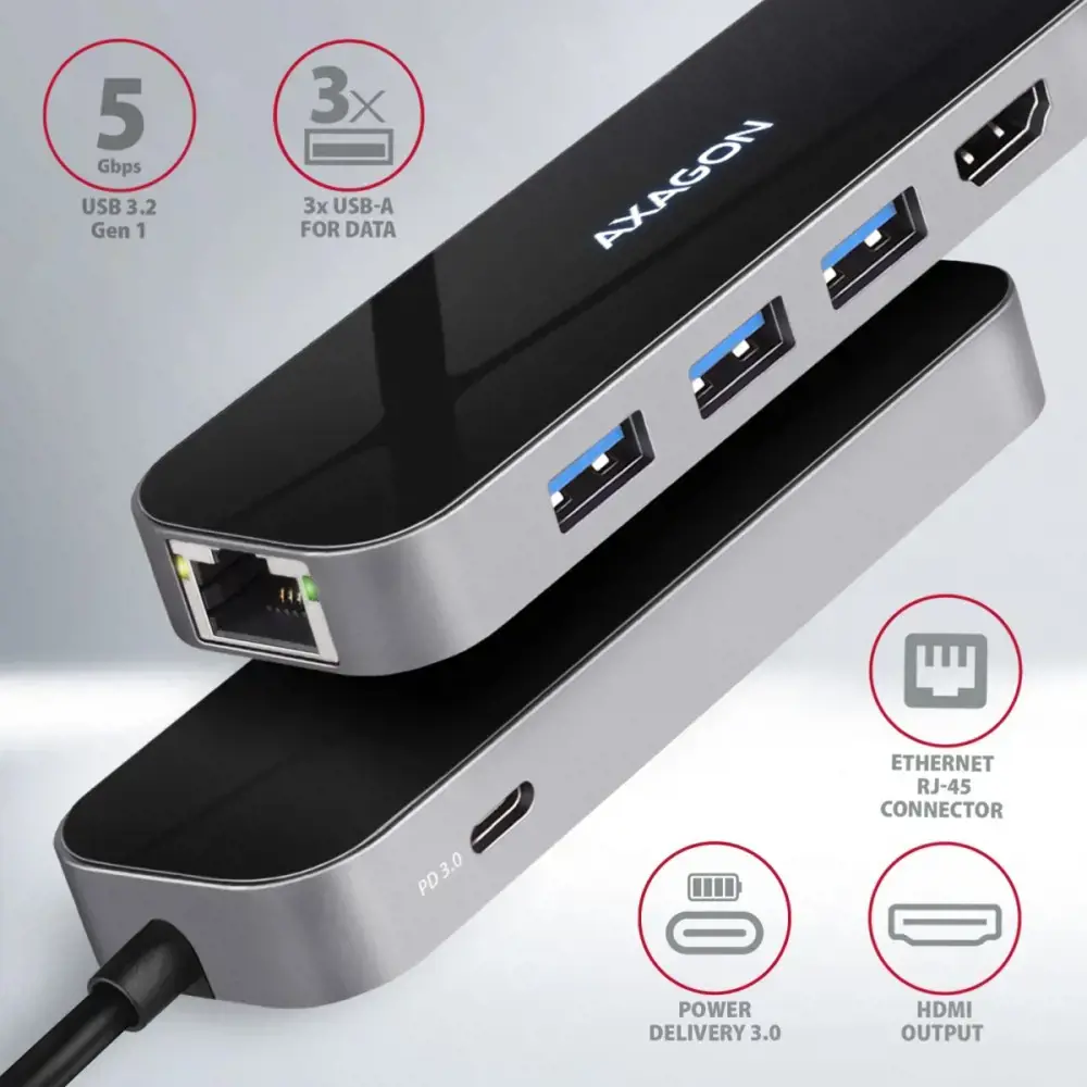 "Axagon" daugiaportis USB 3.2 Gen 1 šakotuvas. HDMI, Gigabit LAN ir "Power Delivery". 20 cm ilgio USB-C kabelis.