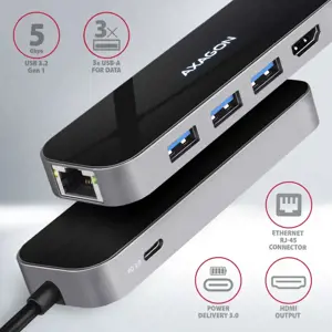"Axagon" daugiaportis USB 3.2 Gen 1 šakotuvas. HDMI, Gigabit LAN ir "Power Delivery". 20 cm ilgio USB-C kabelis.