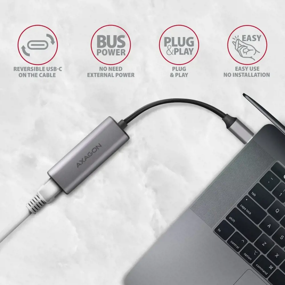 ADE-25RC SUPERSPEED USB-C 2.5 GIGABIT ETHERNETKompaktiškas aliuminio USB-C 3.2 Gen 1 2.5 Gigabit Ethernet 10/100/1000/2500 Mbps adapteris su automatiniu diegimu.