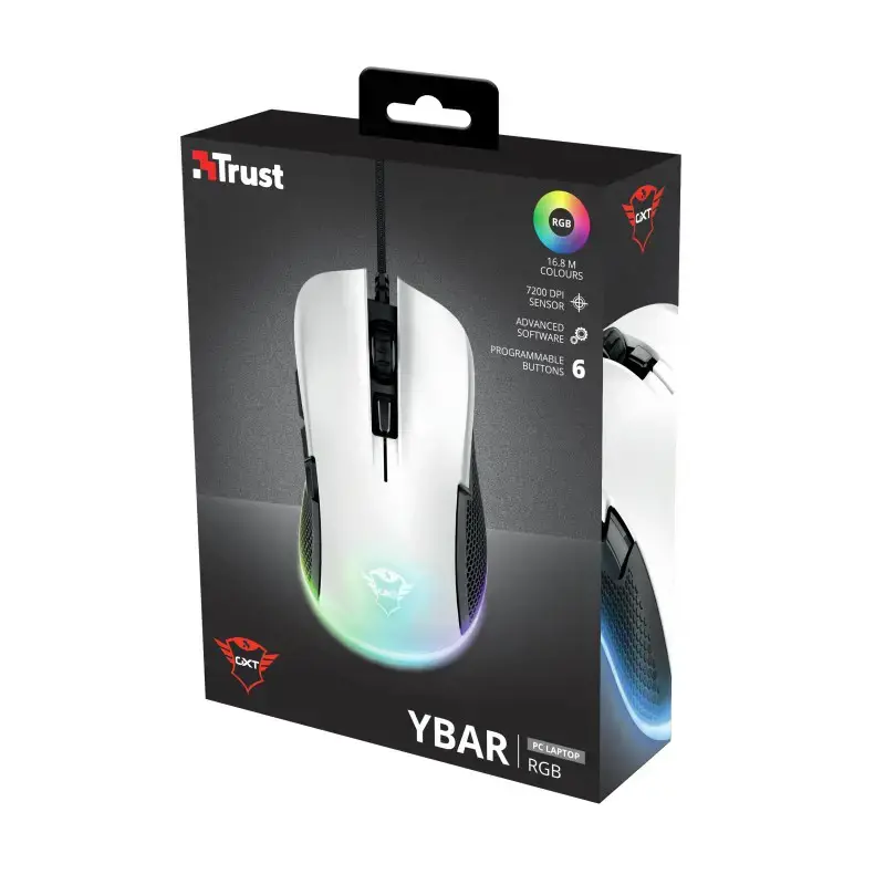 "Trust GXT 922W YBAR", dešinysis, optinis, A tipo USB, 7200 DPI, juodas, baltas