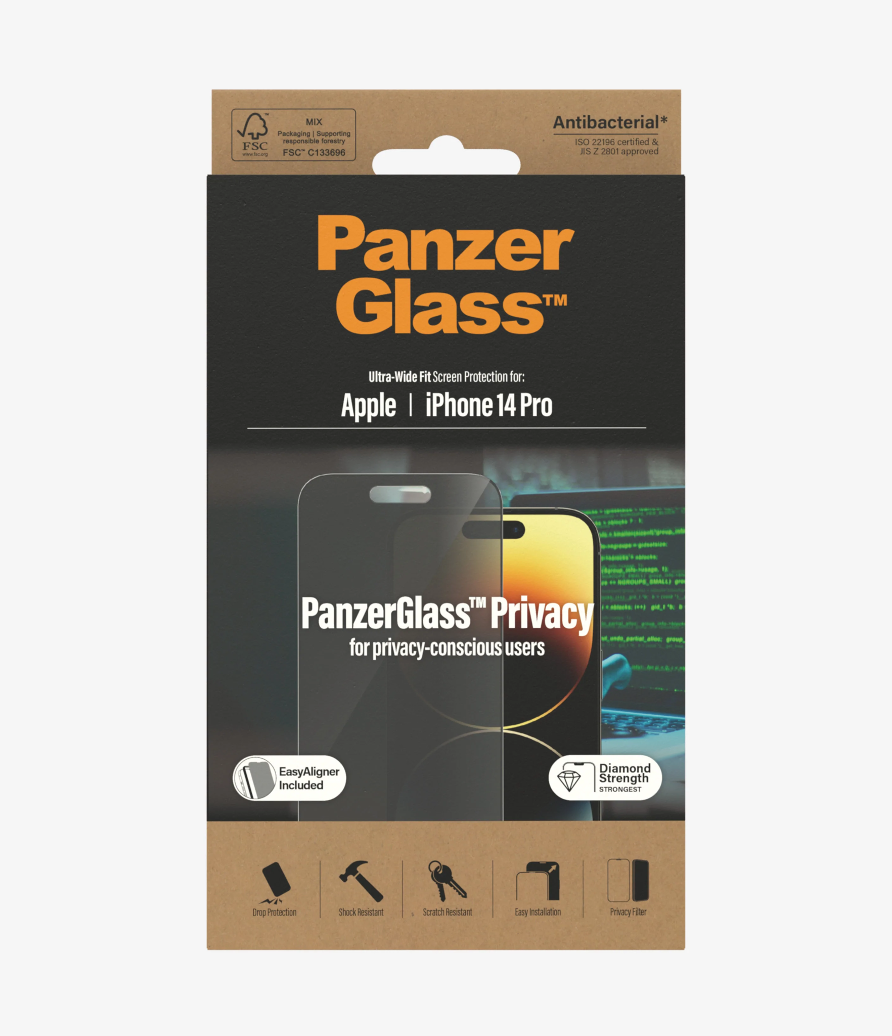 "PanzerGlass iPhone 2022" 6.1 Pro UWF wA Privacy AB, pavyzdys