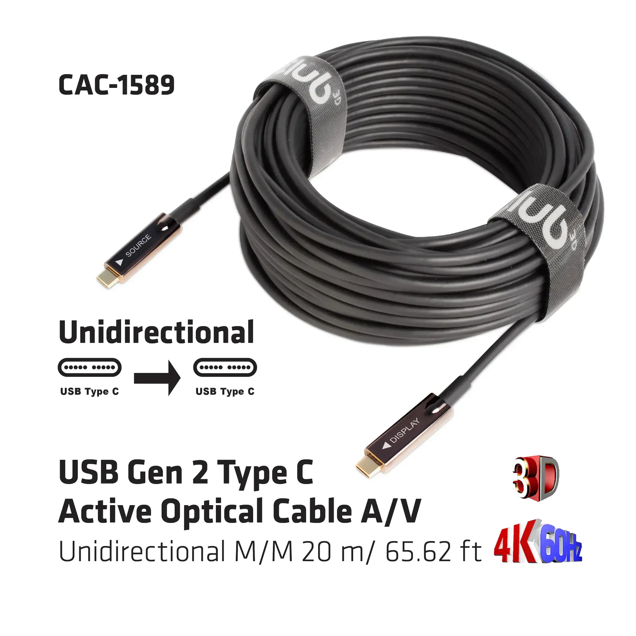 CLUB3D USB Gen 2 Type C Active Optical Cable A/V Unidirectional M/M 20 m/ 65.62 ft, 20 m, USB C, USB C, USB 3.2 Gen 2 (3.1 Gen 2), Black