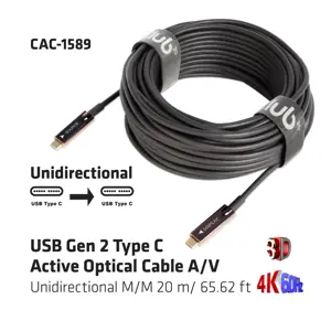 CLUB3D USB Gen 2 Type C Active Optical Cable A/V Unidirectional M/M 20 m/ 65.62 ft, 20 m, USB C, USB C, USB 3.2 Gen 2 (3.1 Gen 2), Black