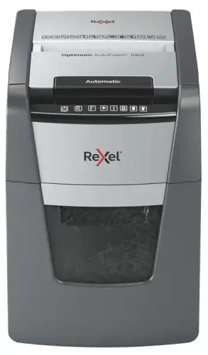 Rexel Optimum AutoFeed+ 100X Dokumentų naikiklis Cross Cut 4x28mm P-4 34L 55 dBA, Pilka/Juoda