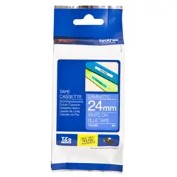 Brother laminuota juosta 24 mm, balta ant mėlynos spalvos, TZe, terminis perkėlimas, Brother, PT-2430PC, PT-2700, PT-2730, PT-9600, PT-9700PC, PT-9800PCN, 2,4 cm