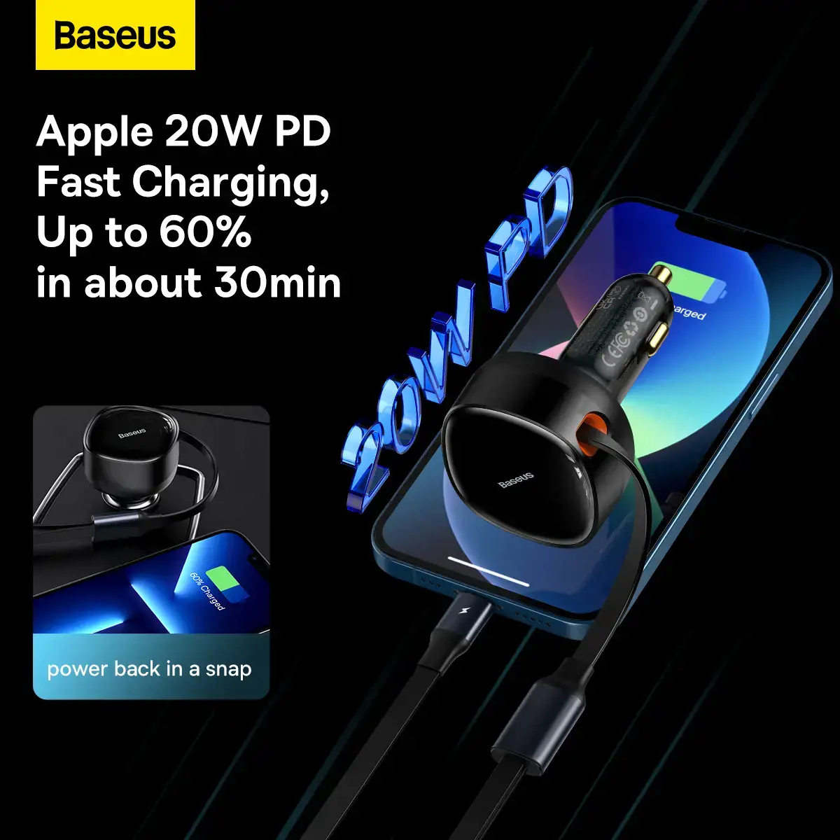 Baseus Enjoyment Car Charger with cable USB-C + Lightning 3A, 30W (Black)