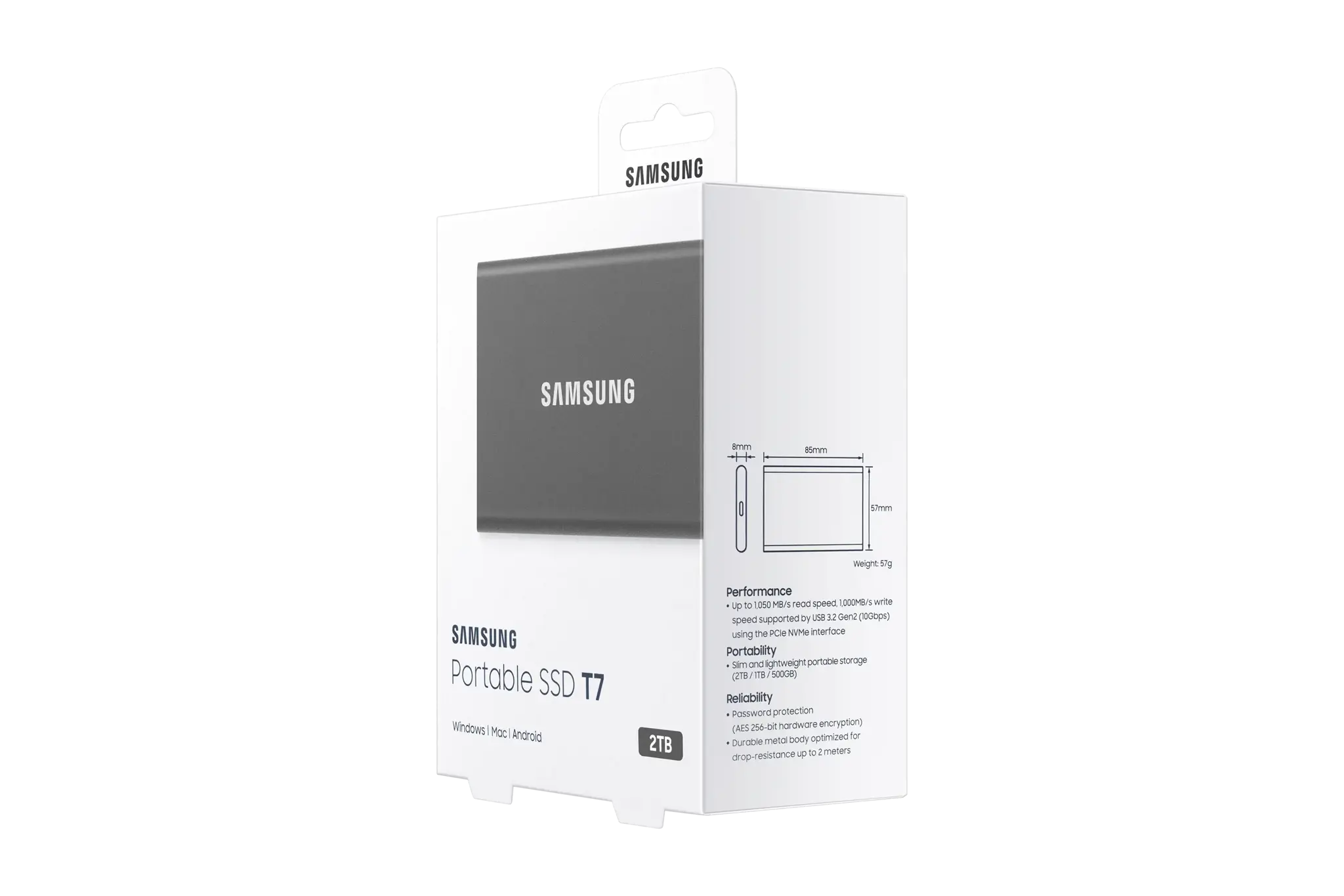 "Samsung" nešiojamasis SSD diskas T7, 2000 GB, C tipo USB, 3.2 Gen 2 (3.1 Gen 2), 1050 MB/s, apsauga nuo slaptažodžio, pilkas