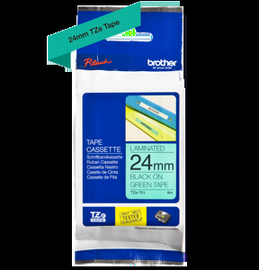 Brother laminuota juosta 24 mm, juoda ant žalios spalvos, TZe, pilka, terminis perkėlimas, Brother, PT-2430PC, PT-2700, PT-2730, PT-9600, PT-9700PC, PT-9800PCN