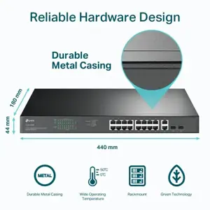 "TP-Link" 18 prievadų "Gigabit" komutatorius su 16 PoE+, nevaldomas, Gigabit Ethernet (10/100/1000), maitinimas per Ethernet (PoE), montuojamas į stovą, 1U