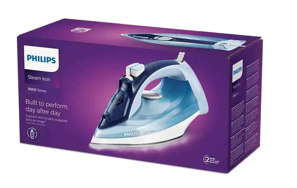 "Philips" 5000 serijos garų lygintuvas 2400 W, garų lygintuvas, "SteamGlide Plus" padas, 2 m, 180 g/min, mėlynas, 45 g/min