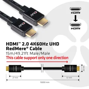 CLUB3D HDMI 2.0 4K60Hz RedMere cable 15m/49.2ft, 15 m, HDMI Type A (Standard), HDMI Type A (Standard), 3D, 18 Gbit/s, Black