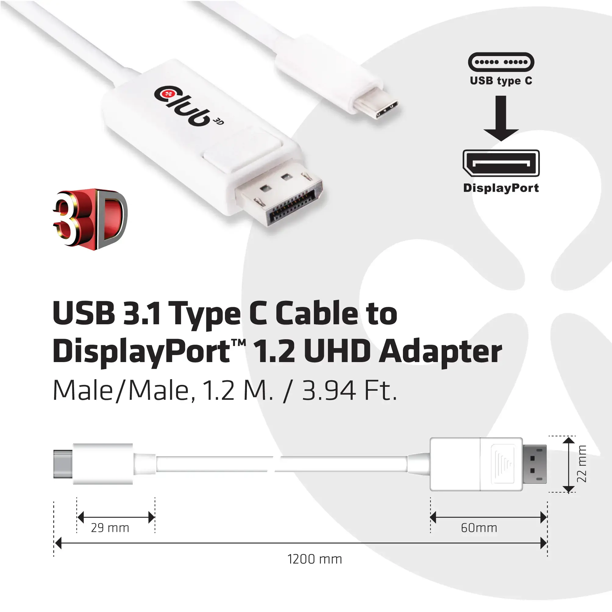 CLUB3D USB 3.1 Type C Cable to DisplayPort 1.2 UHD Adapter, USB Type C, Displayport 1.2, 1.2 m, White