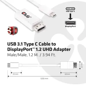 CLUB3D USB 3.1 Type C Cable to DisplayPort 1.2 UHD Adapter, USB Type C, Displayport 1.2, 1.2 m, White
