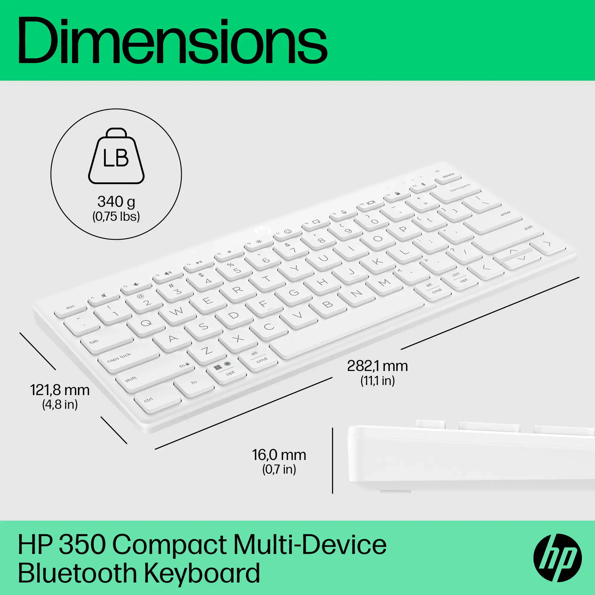 "HP 350 Compact Multi-Device Bluetooth" klaviatūra, mini, "Bluetooth", mechaninė, QWERTY, balta