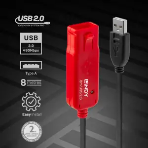 "Lindy" 8 m USB 2.0 aktyvusis prailgintuvas, CE, UKCA, FCC, RoHS, REACH, Kalifornijos pasiūlymas 65, juodas, 0 - 50 °C, -20 - 60 °C, 8 m, 280 g