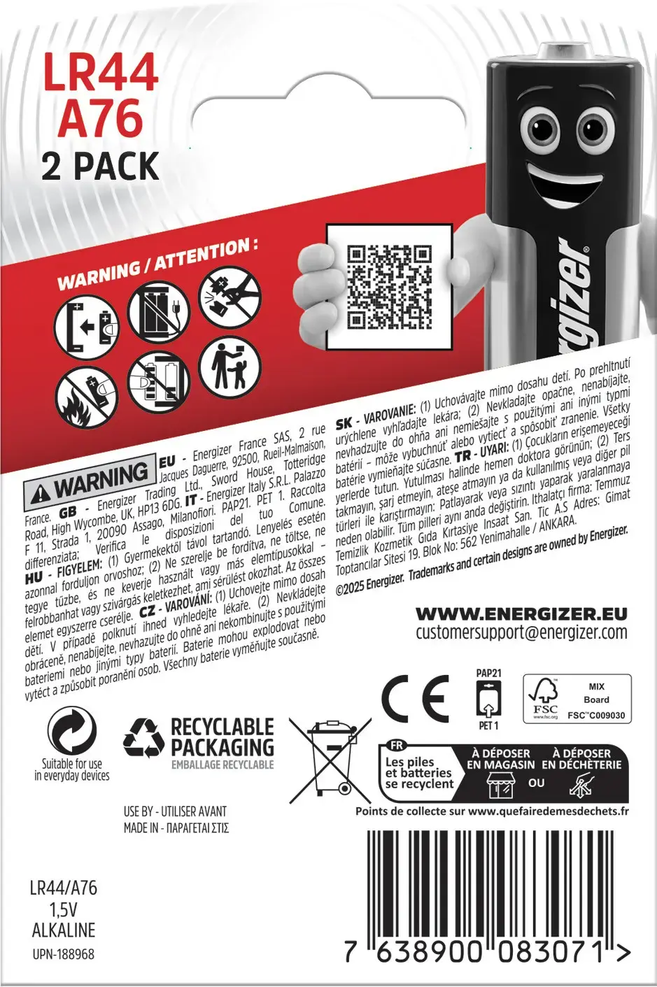 ENERGIZER ŠARMINĖS BATERIJOS LR44/ A76 2 VNT. 1,5 V