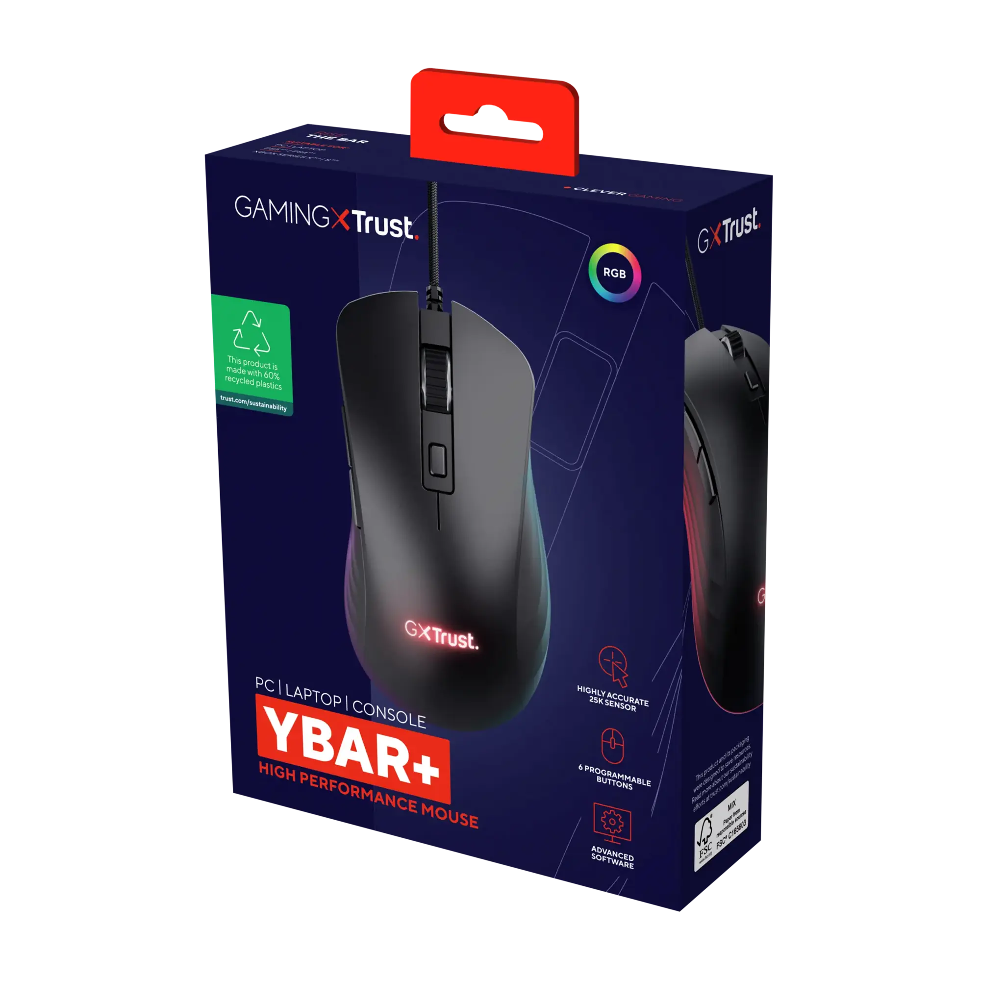 "Trust GXT924 YBAR+", dešinioji ranka, optinis, A tipo USB, 25600 DPI, juodas