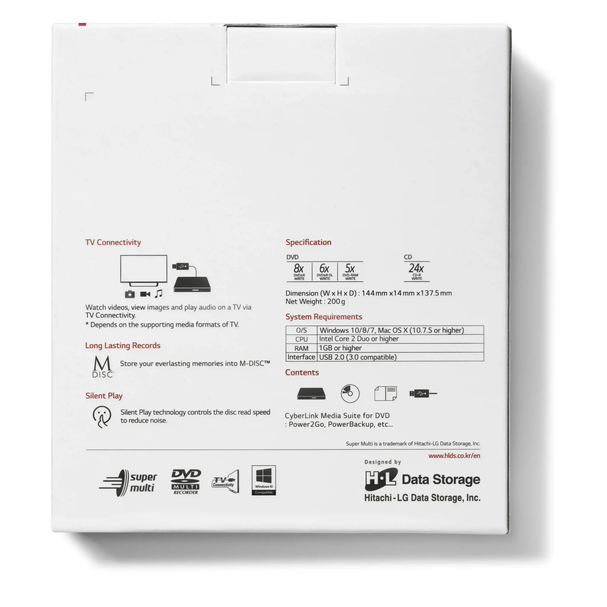 "Hitachi-LG Slim" nešiojamasis DVD įrašymo įrenginys, juodas, dėklas, stalinis/nešiojamasis kompiuteris, DVD±RW, USB 2.0, 60000 h